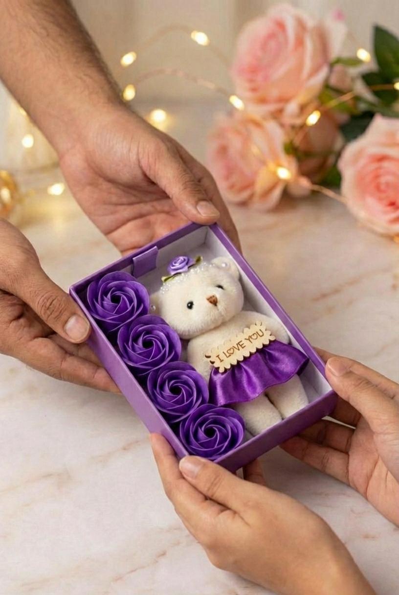 Romantic Teddy Bear Gift Box with Roses