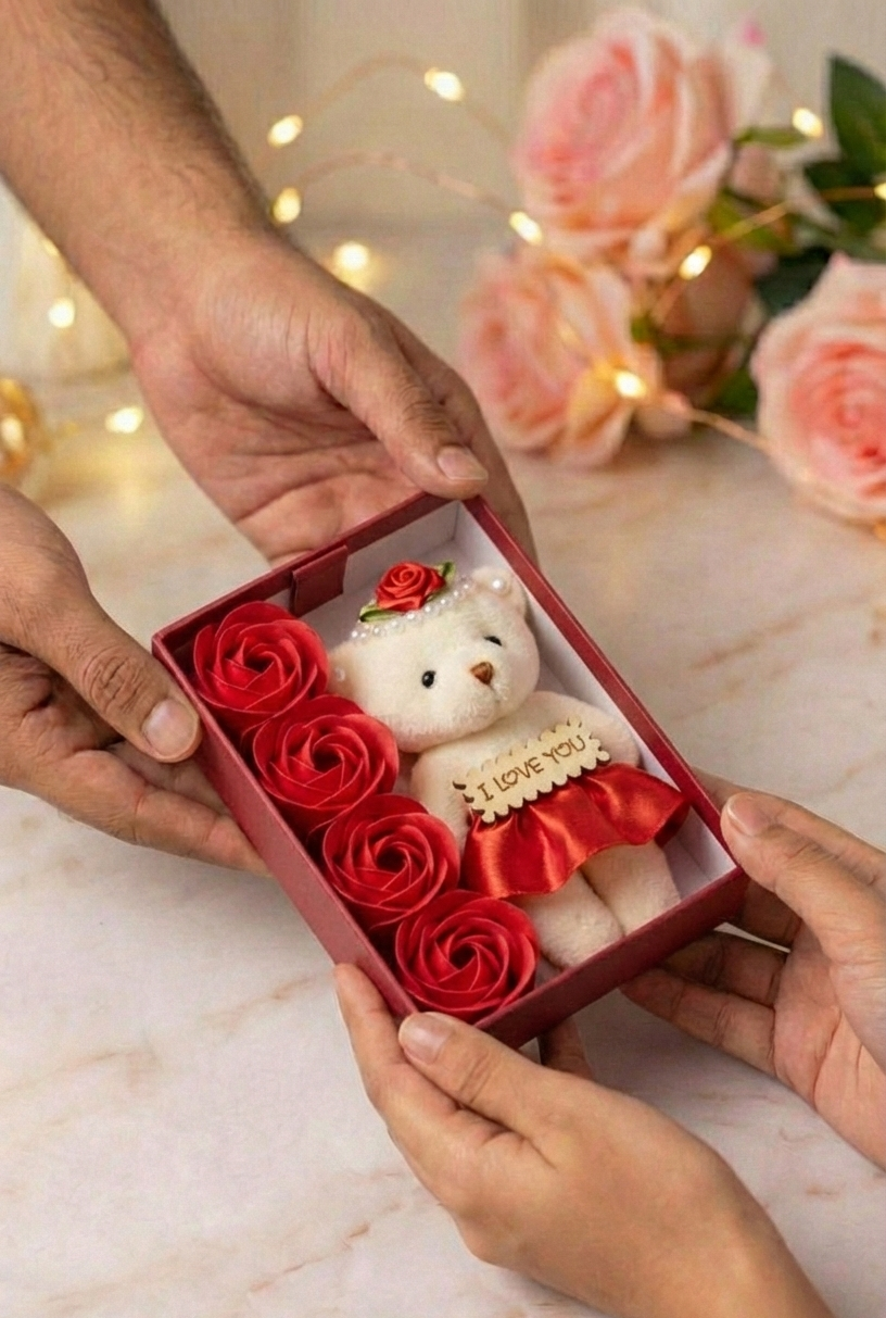 Romantic Teddy Bear Gift Box with Roses