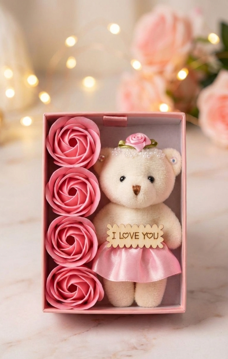 Romantic Teddy Bear Gift Box with Roses