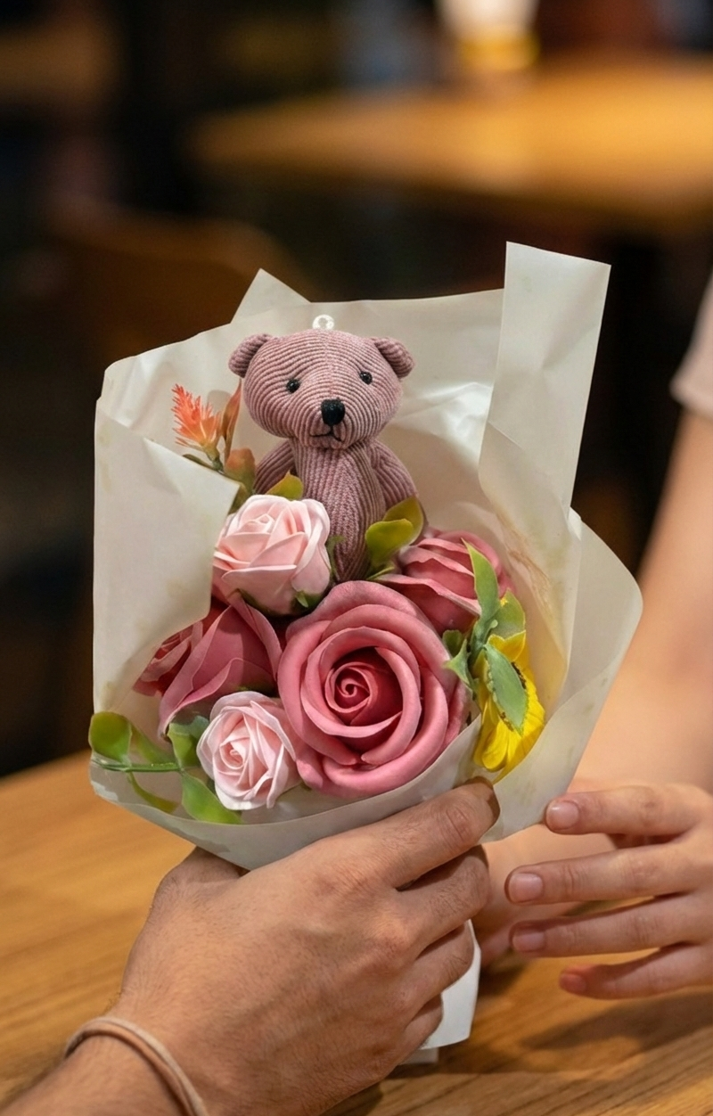 Teddy Bear Flower Bouquet Romantic Rose Gift for Her