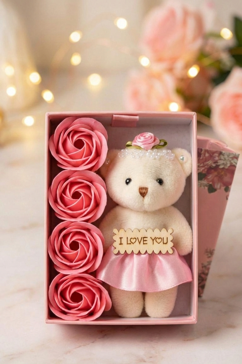 Romantic Teddy Bear Gift Box with Roses