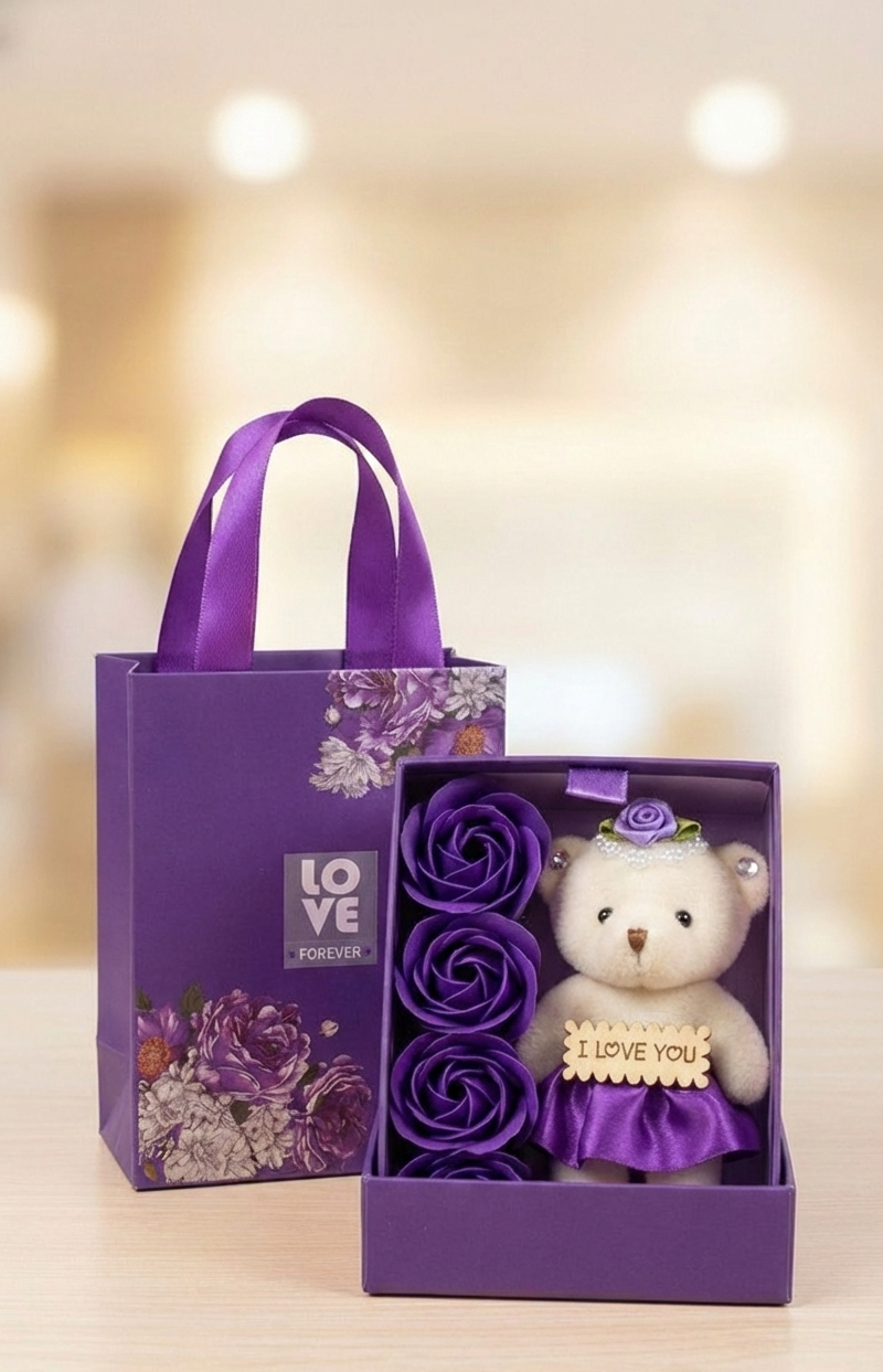 Romantic Teddy Bear Gift Box with Roses