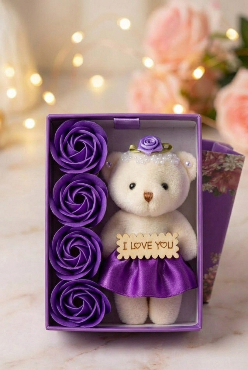 Romantic Teddy Bear Gift Box with Roses
