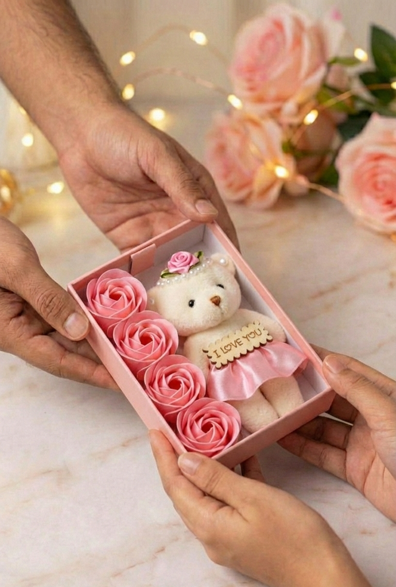 Romantic Teddy Bear Gift Box with Roses