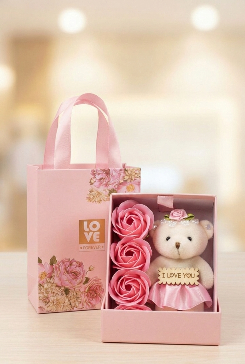 Romantic Teddy Bear Gift Box with Roses