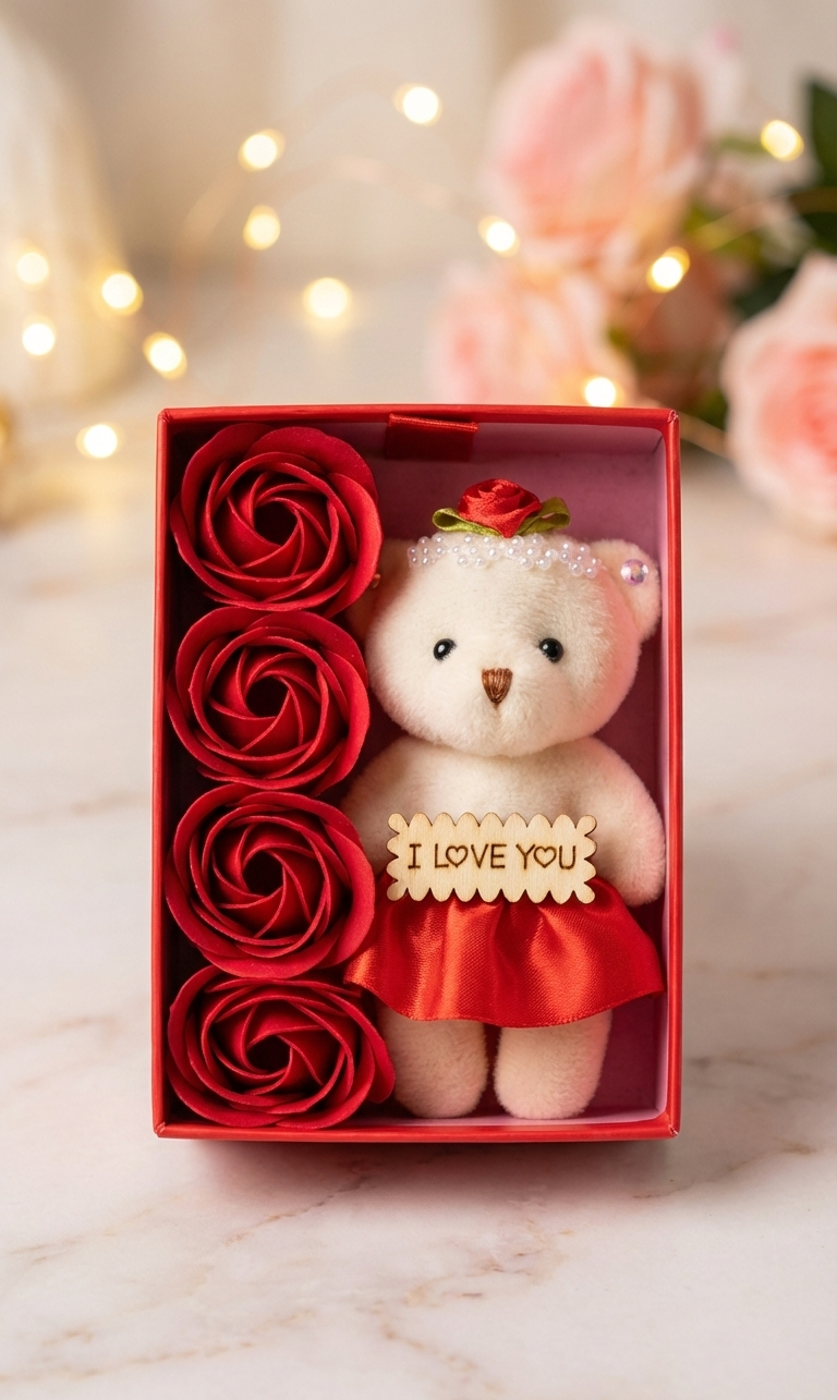 Romantic Teddy Bear Gift Box with Roses