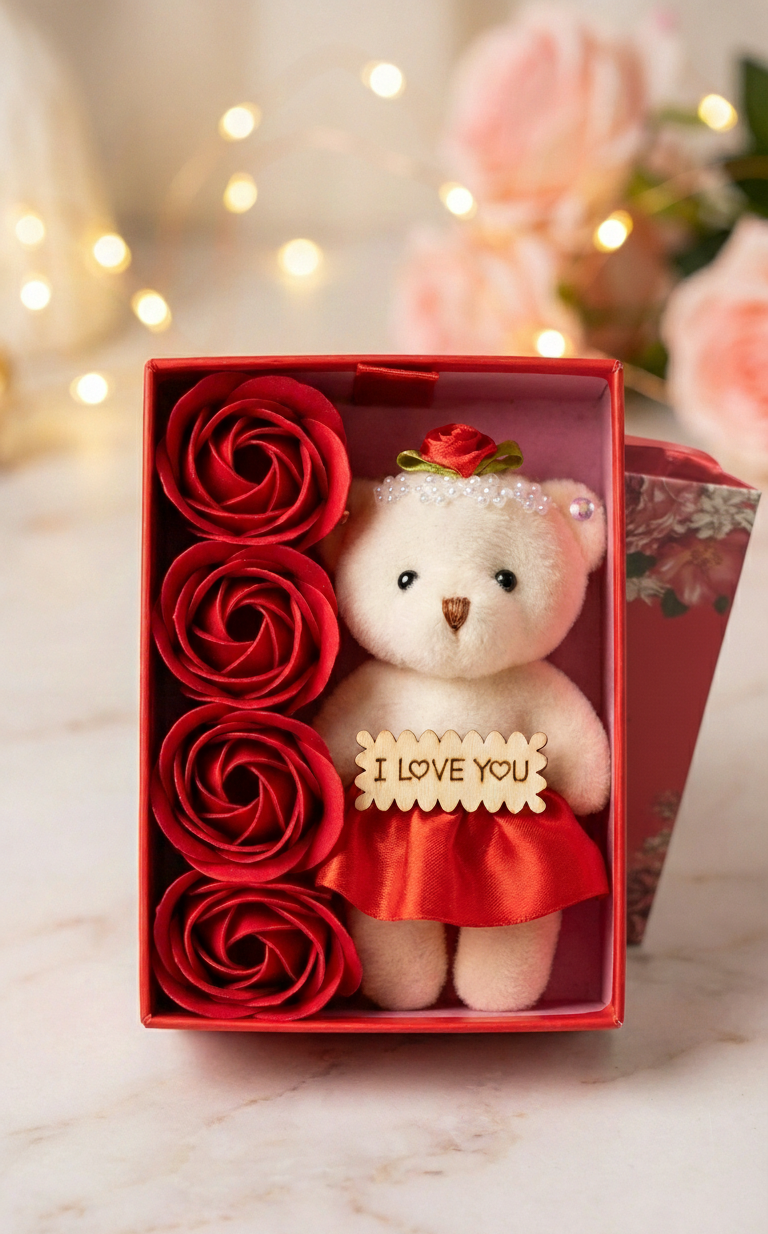Romantic Teddy Bear Gift Box with Roses