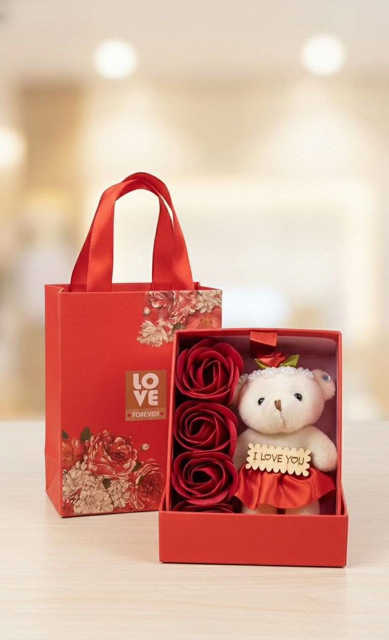 Romantic Teddy Bear Gift Box with Roses